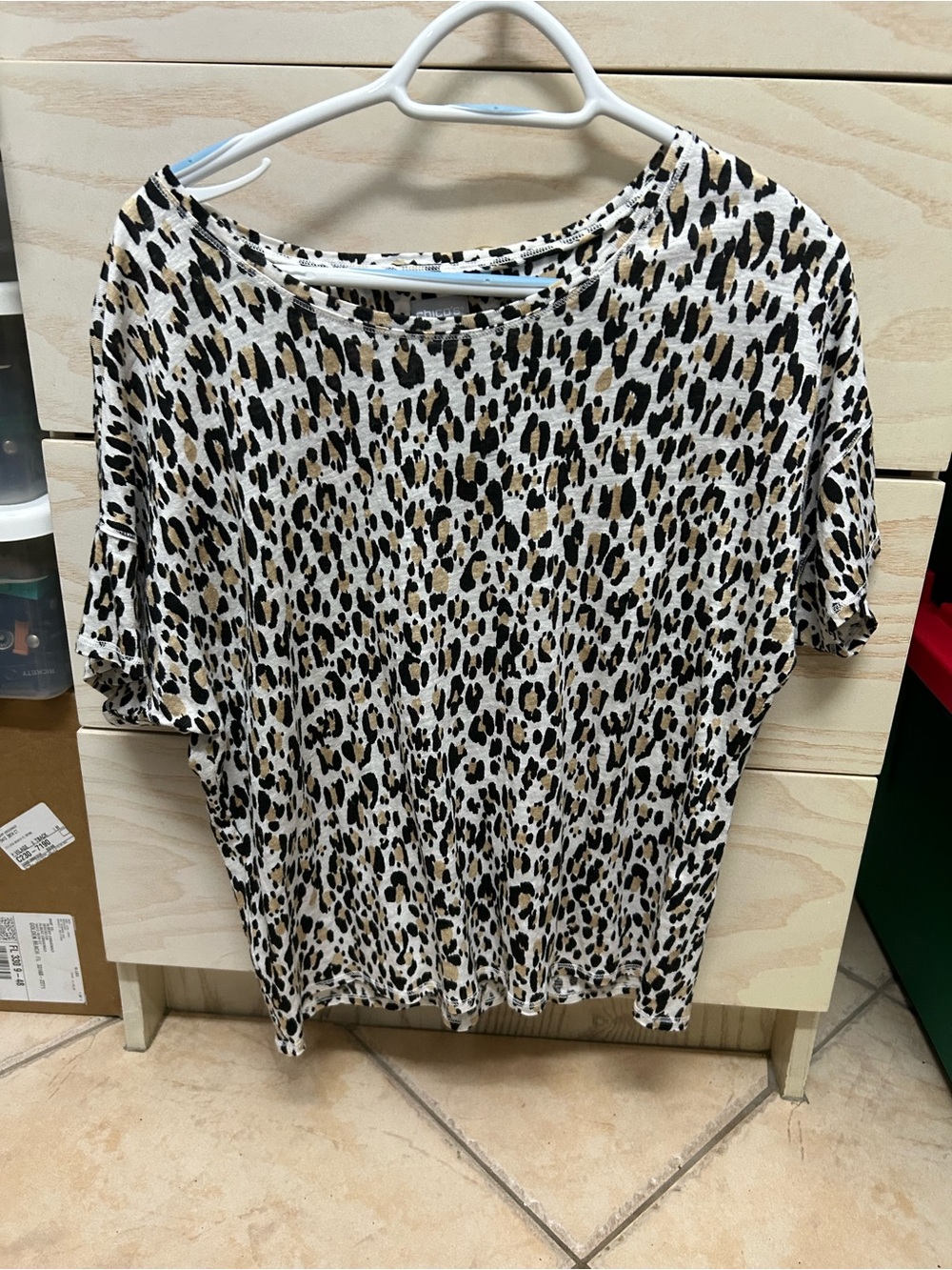 Leopard Print Short Sleeve Top - White, Black & Brown